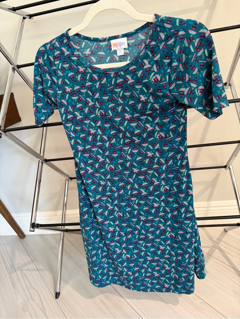LuLaRoe Teal Geometric Print Dress with Pink & Purple Accents